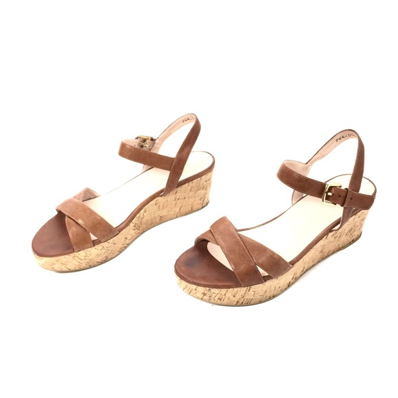 Stuart Weitzman Cognac Leather Cork Platform Wedge - Picture 3 of 12